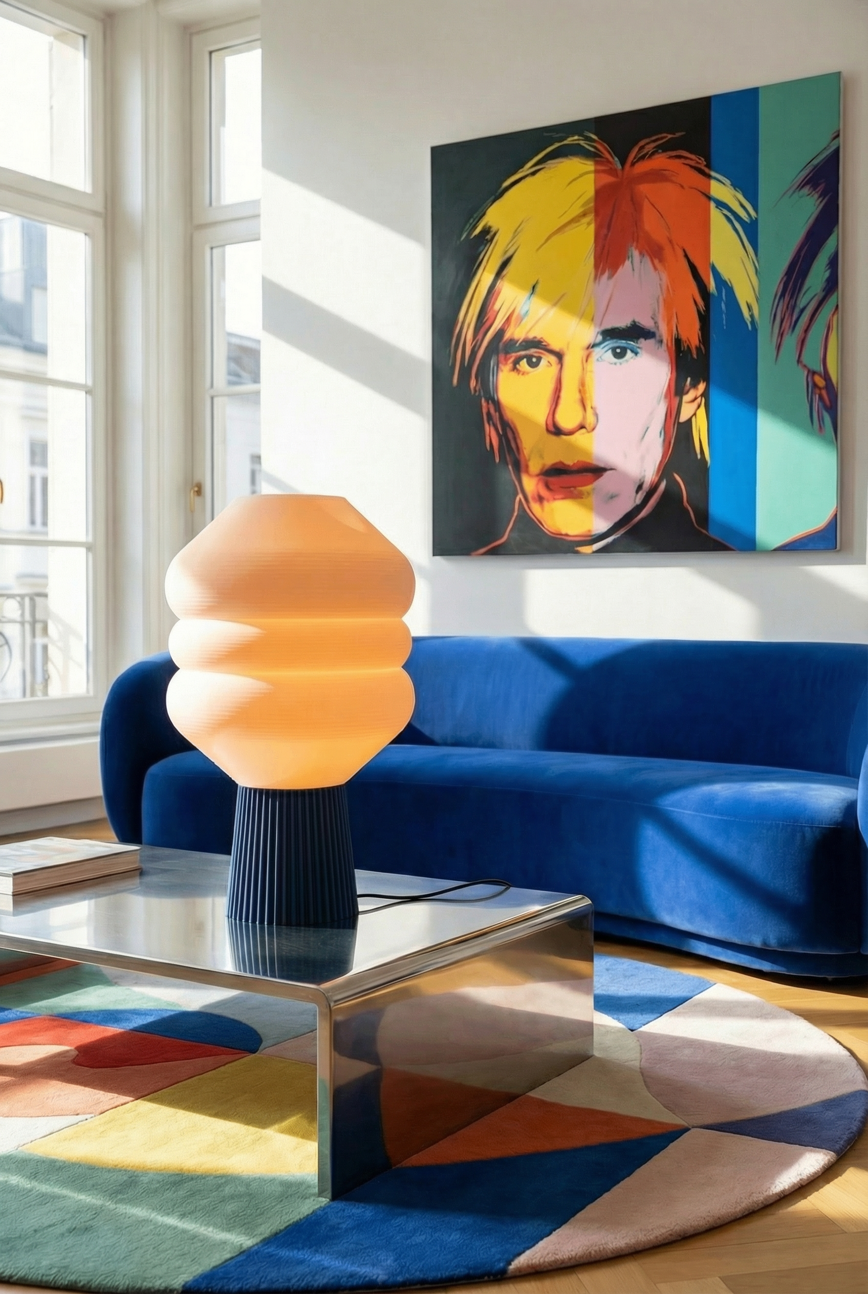 Lampe de table Big Koki Bleu Nuit — vue de jour dans un salon, PLA biosourcé imprimé en 3D à Paris | Koki Design
